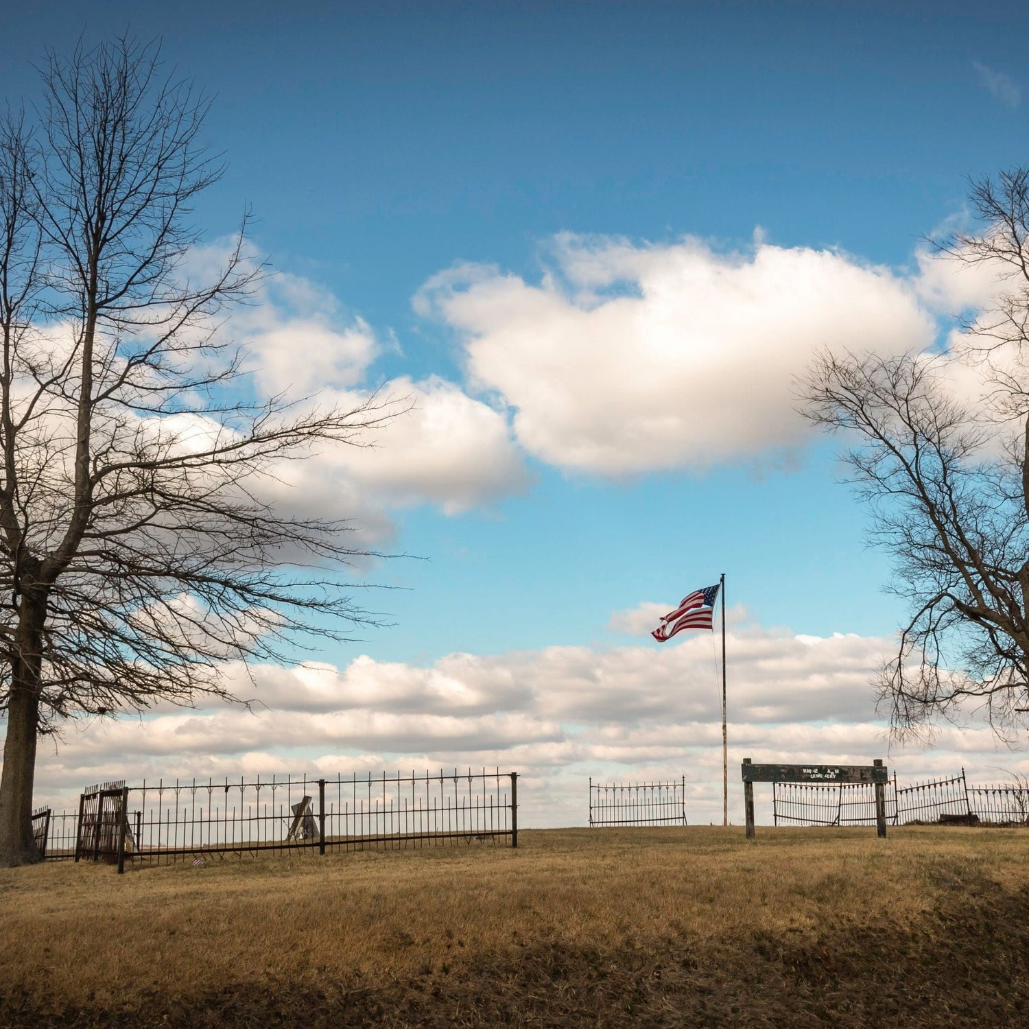 An American flag flies on a pole between leafless trees and fenced graves under a partly cloudy sky.