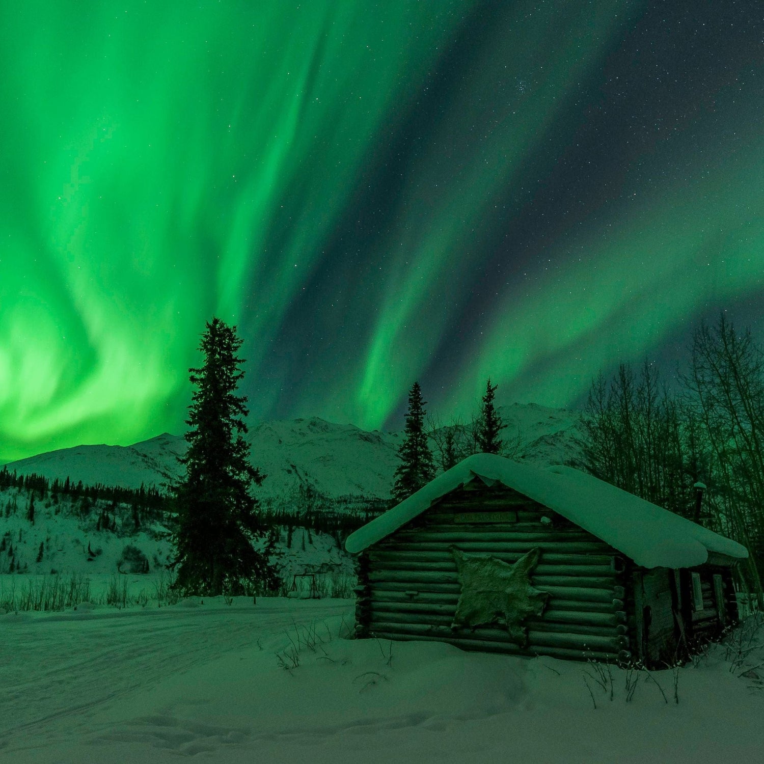 Log cabin surrounded by snow under vibrant green northern lights in a dark, starry sky with silhouetted trees and mountains.
