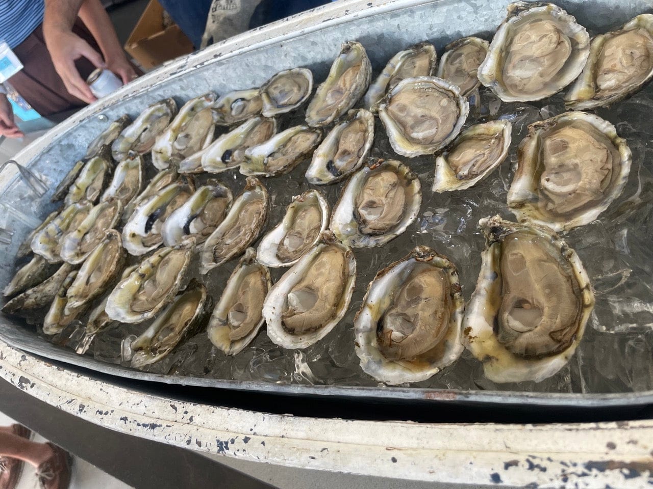 A display of fresh oysters on ice in a large tray at a seafood market, with people standing nearby.