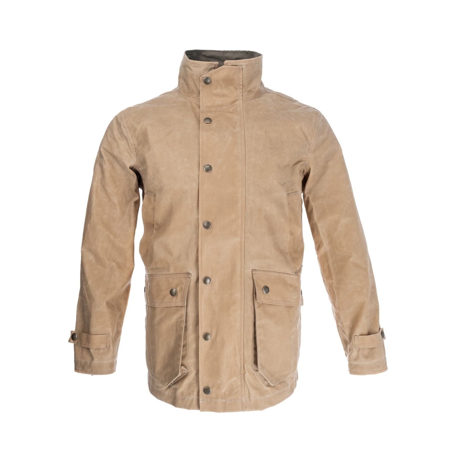 Tom Beckbes beige Tensaw Jacket features a high collar, button closure, and two large front pockets on a white backdrop.