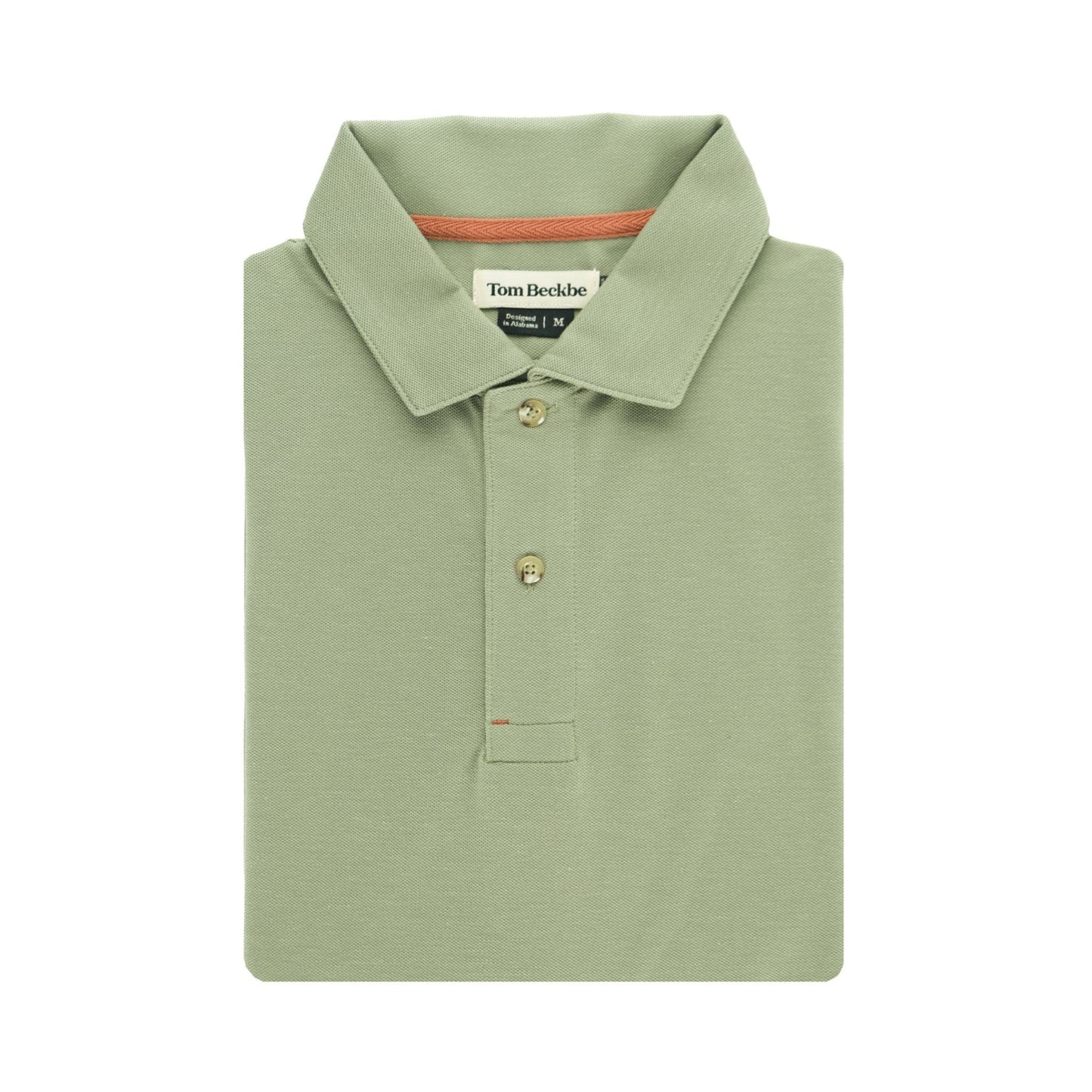Folded Coastal Polo Shirt by Tom Beckbe, green with collar, moisture-wicking fabric, buttons, and visible neckline tag.
