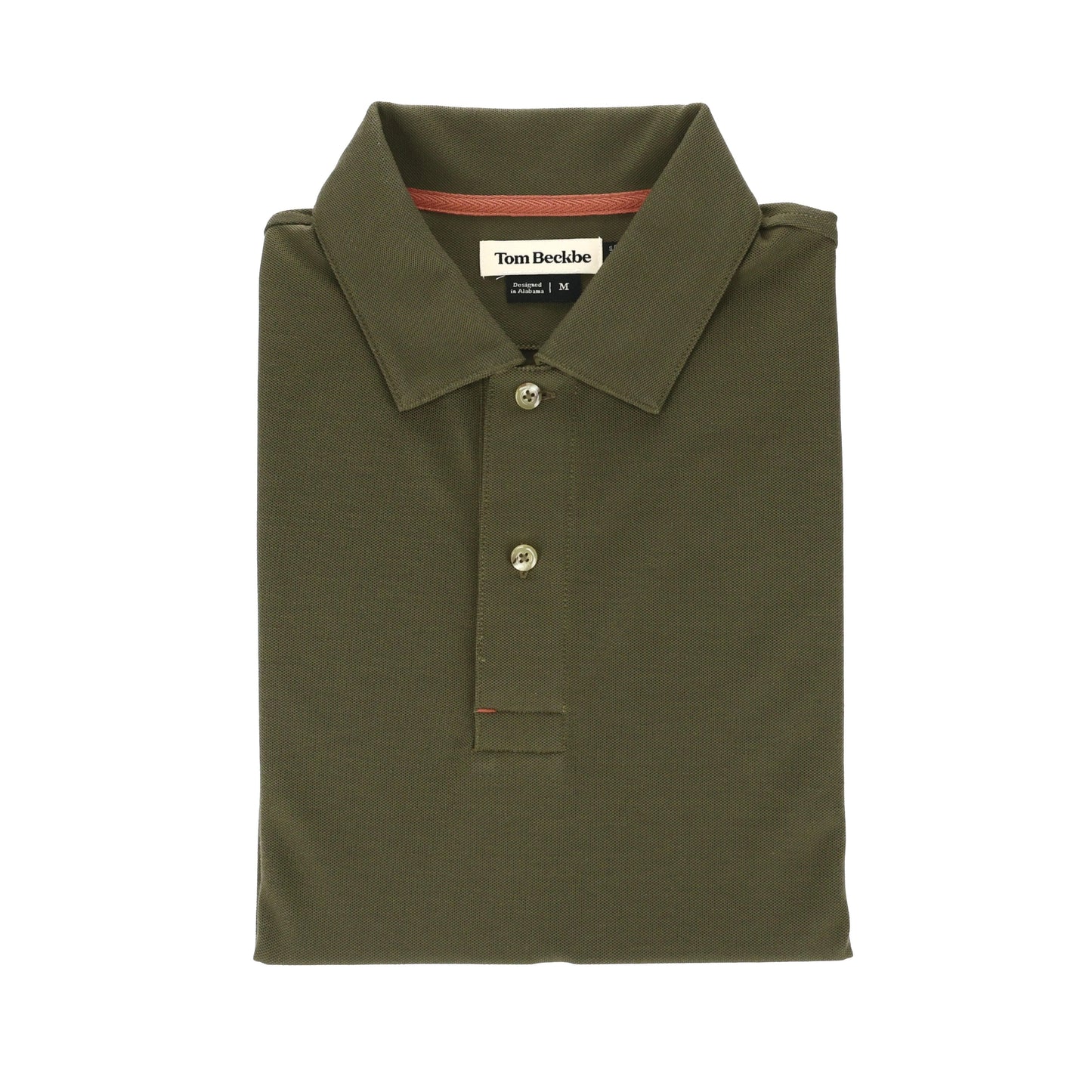 Tom Beckbes Coastal Polo Shirt, in classic olive green, features a collar and buttons, set against a plain white background.
