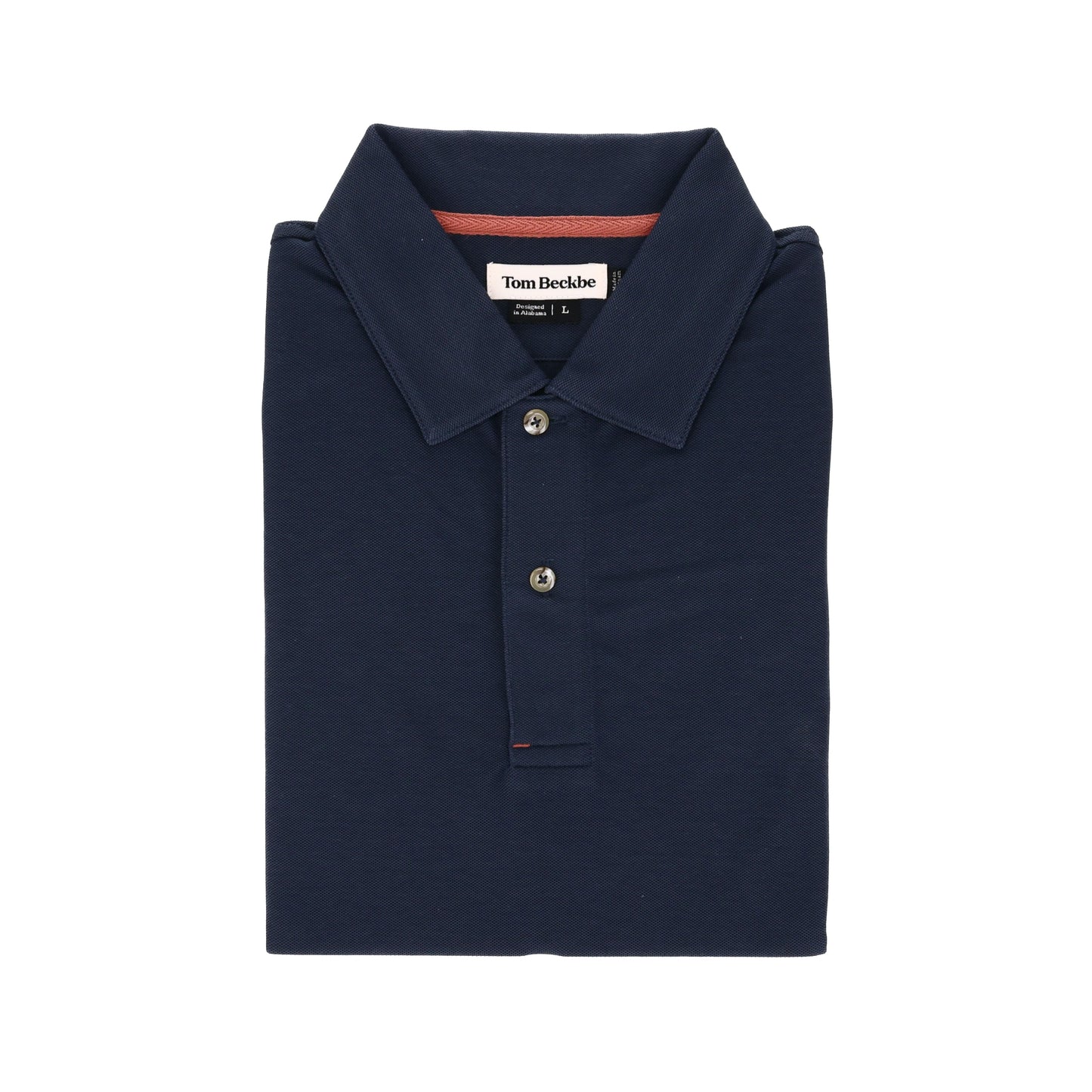 Coastal Polo Shirt by Tom Beckbe: Navy blue, folded, with collar and two buttons, label inside the collar.