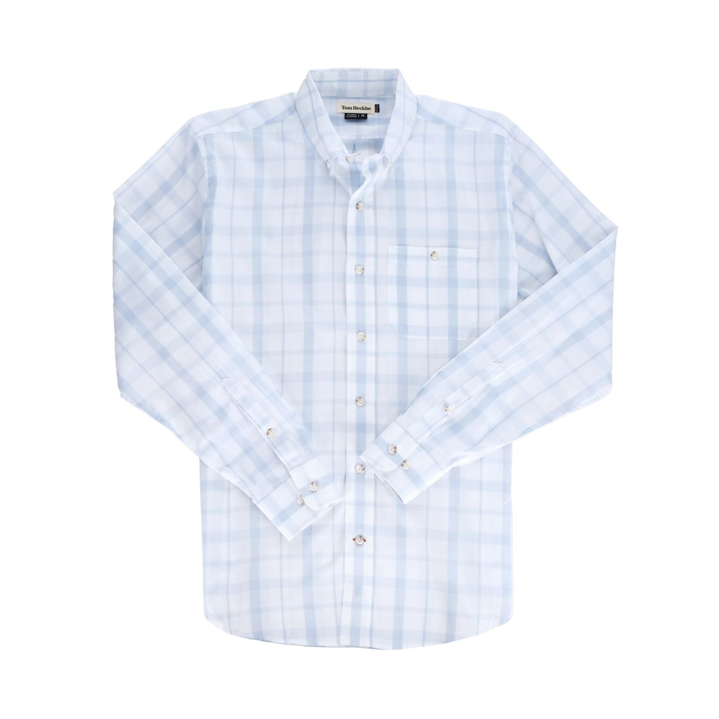 The Monroe Poplin Shirt by Tom Beckbe is a classic fit, breathable long-sleeve button-up in light blue and white checkers.