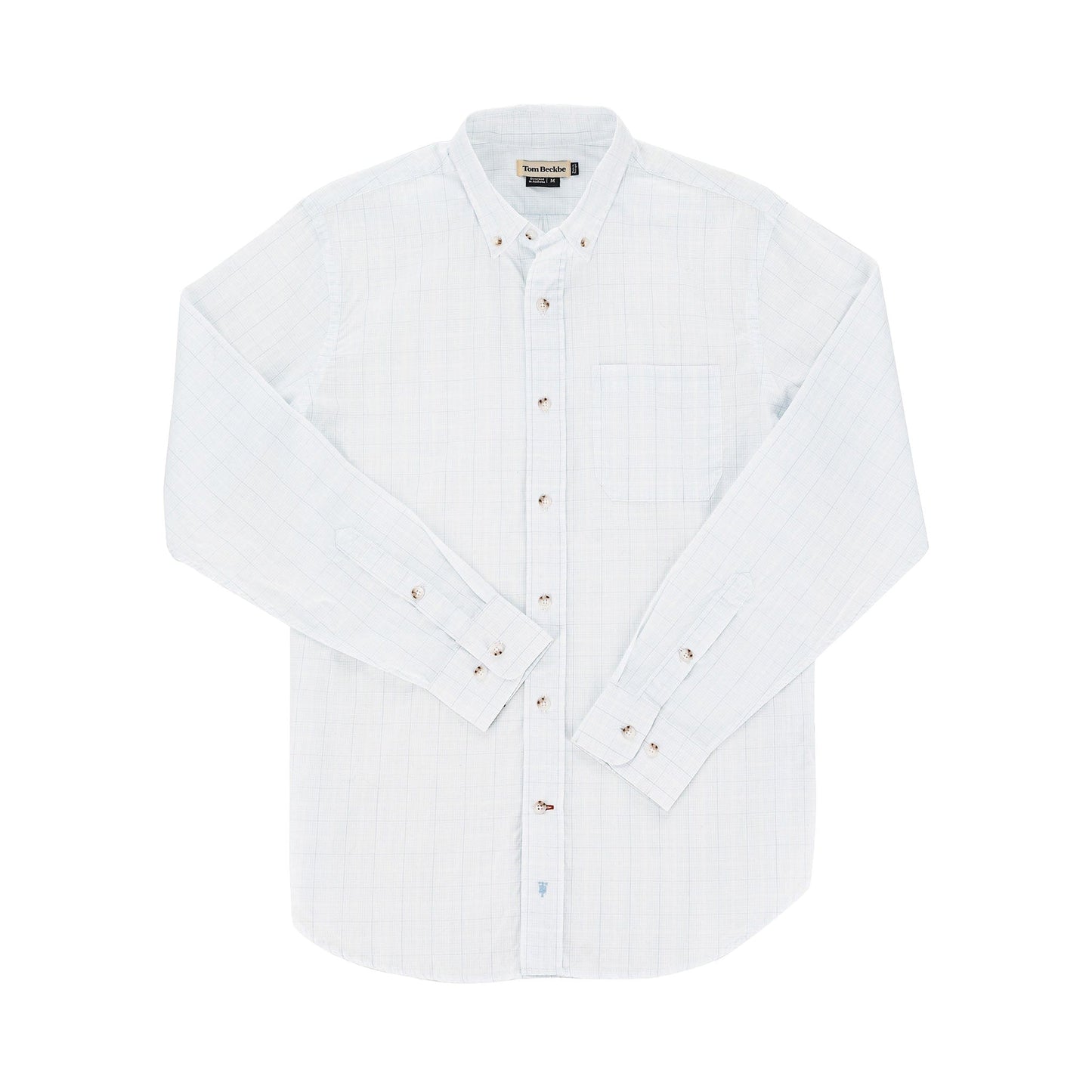 The Tom Beckbe Monroe Poplin Shirt is a light blue plaid, long-sleeve mens cotton sport shirt with a front pocket.