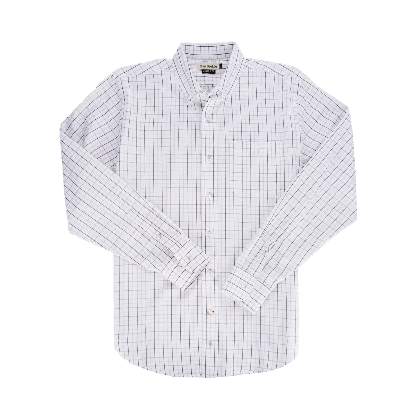Tom Beckbes Monroe Poplin Shirt: Classic fit, white long-sleeve, blue/red checkered pattern, breathable cotton.