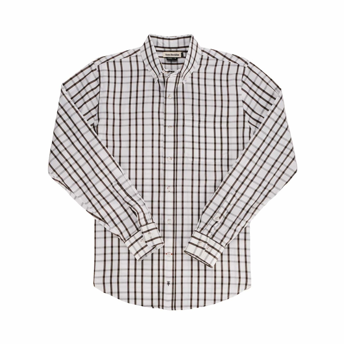 Monroe Poplin Shirt by Tom Beckbe, classic fit white long-sleeve in brown/black plaid cotton, laid flat on a white background.