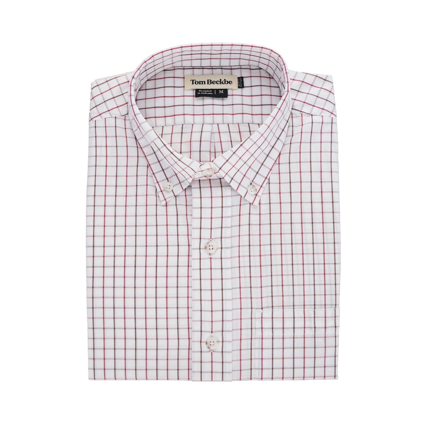 Monroe Poplin Shirt by Tom Beckbe: classic fit white shirt with red grid pattern, breathable cotton, brand label on collar.