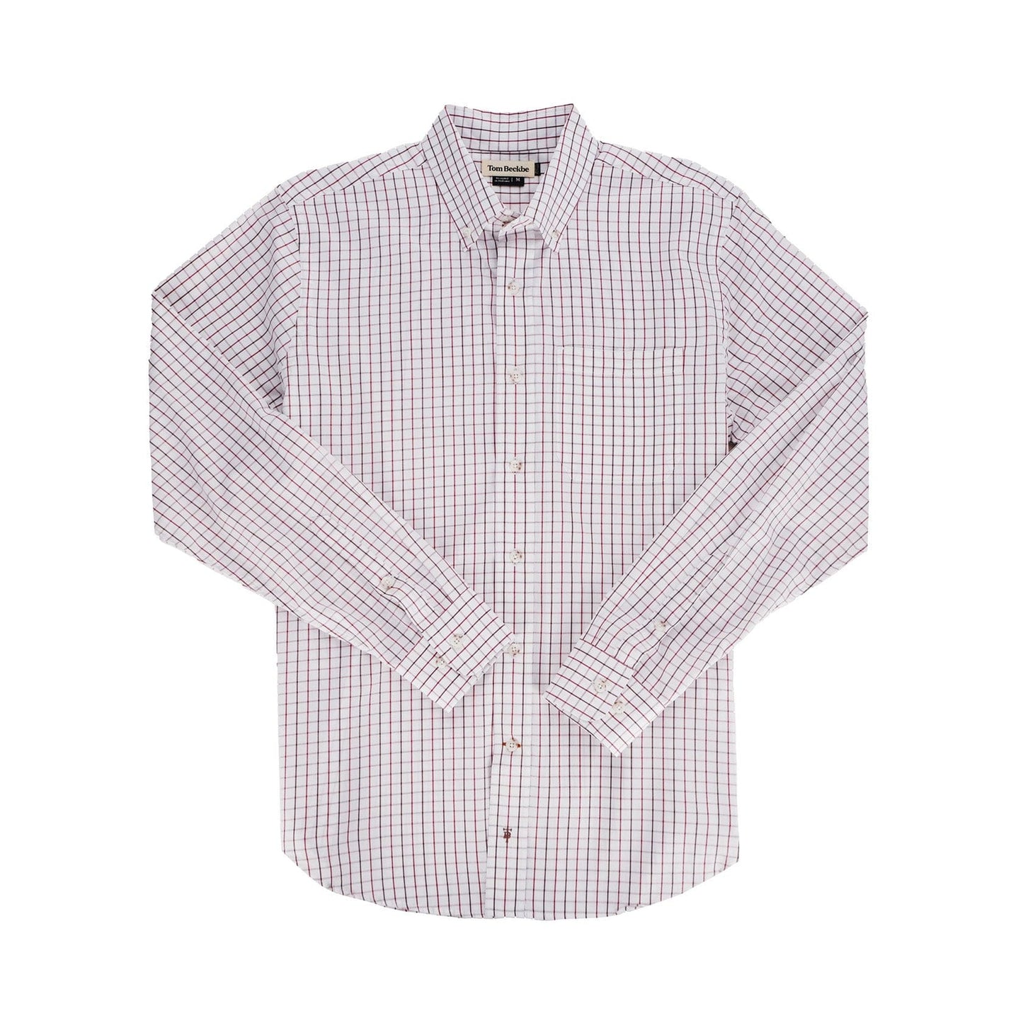 The Monroe Poplin Shirt by Tom Beckbe is a classic-fit, long-sleeve button-up in breathable cotton with a red and blue grid.