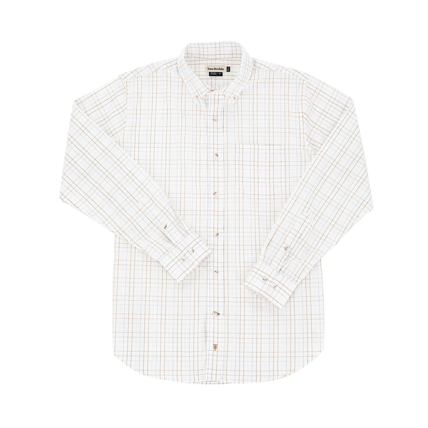 Tom Beckbes Monroe Poplin Shirt is a cotton white long-sleeve button-up with a blue and orange plaid pattern.