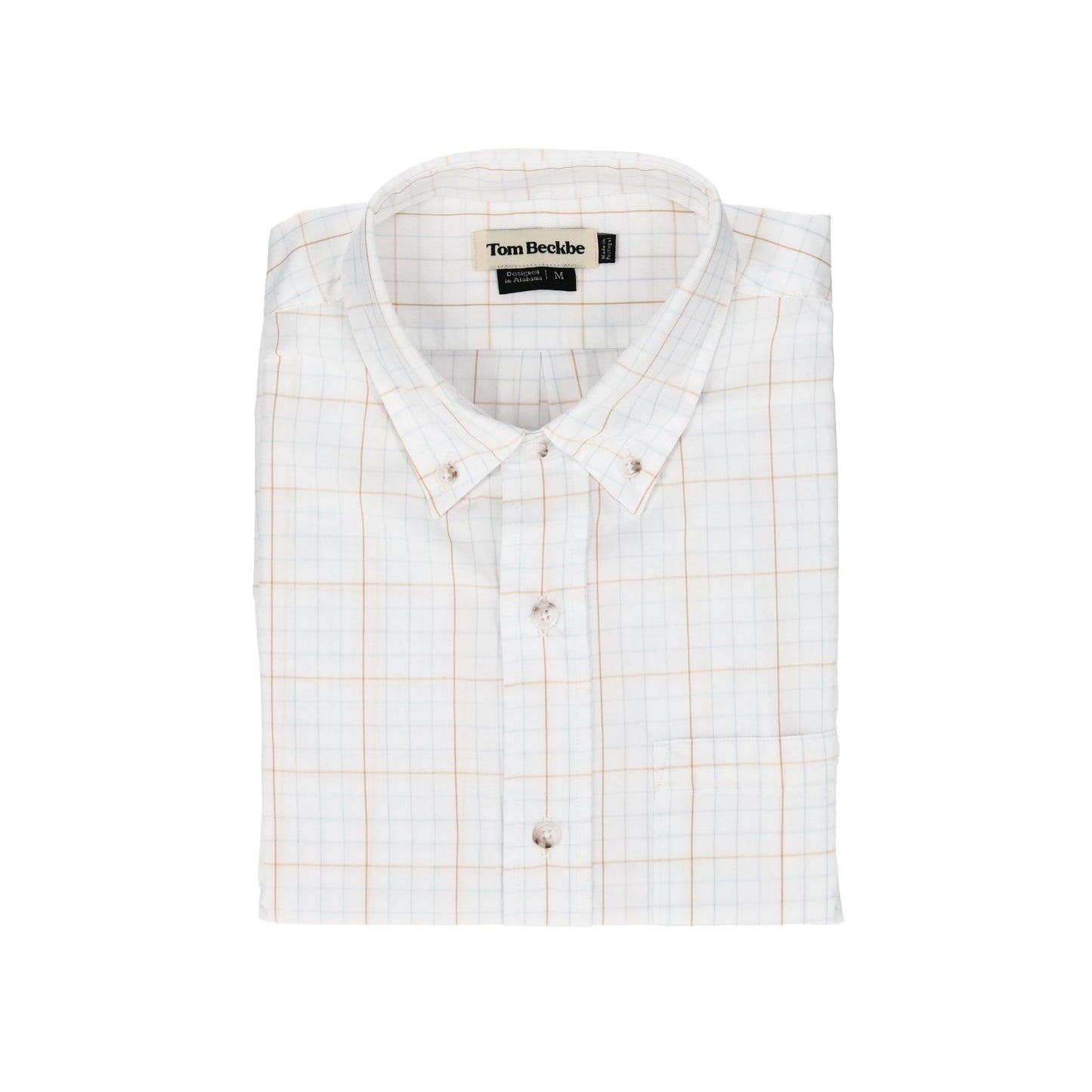 Monroe Poplin Shirt by Tom Beckbe: folded white cotton shirt with orange and grey grid on a plain white background.