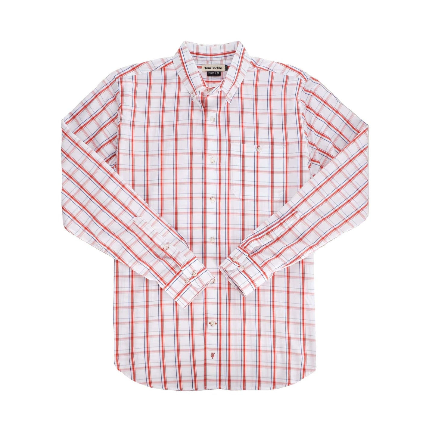 The Monroe Poplin Shirt by Tom Beckbe is a red and white plaid button-up with long sleeves, shown flat on a white background.
