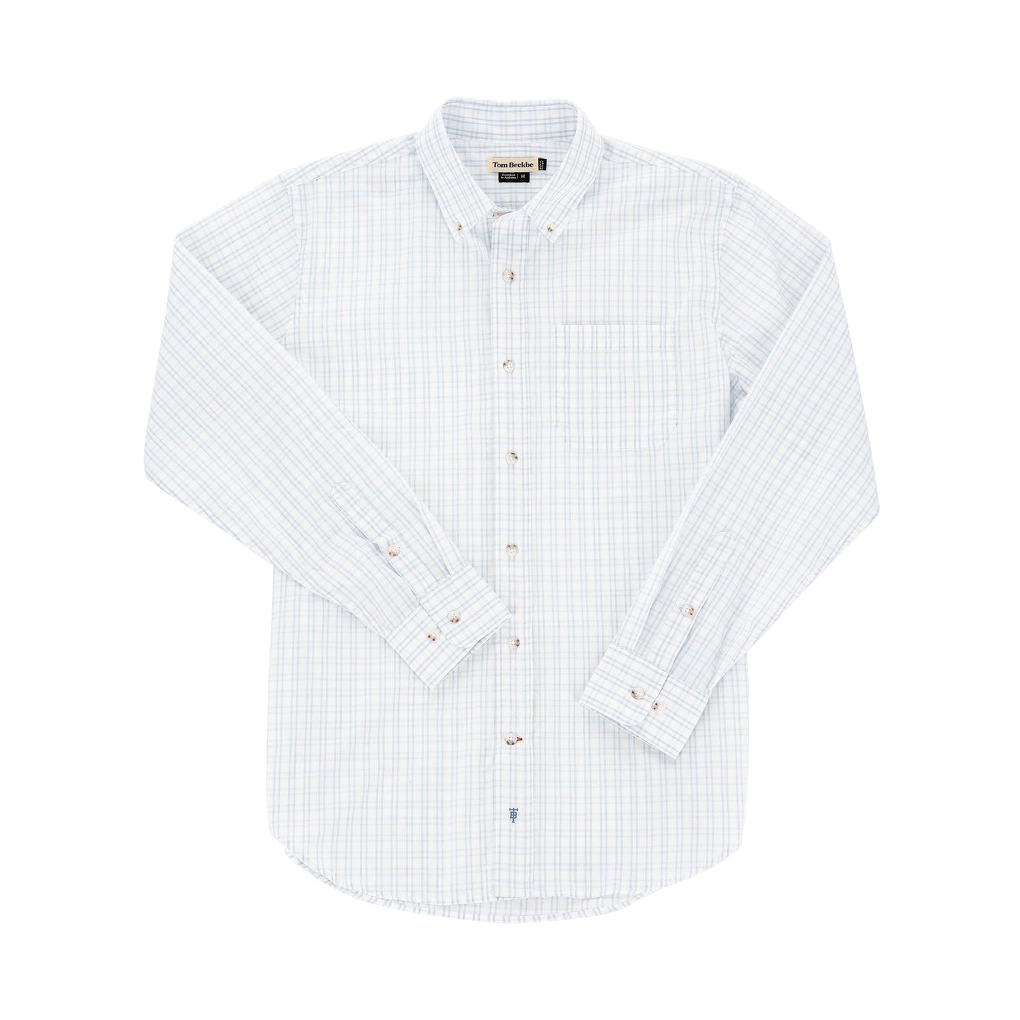 The Monroe Poplin Shirt by Tom Beckbe is a classic fit long-sleeve, breathable cotton shirt in light blue checks.