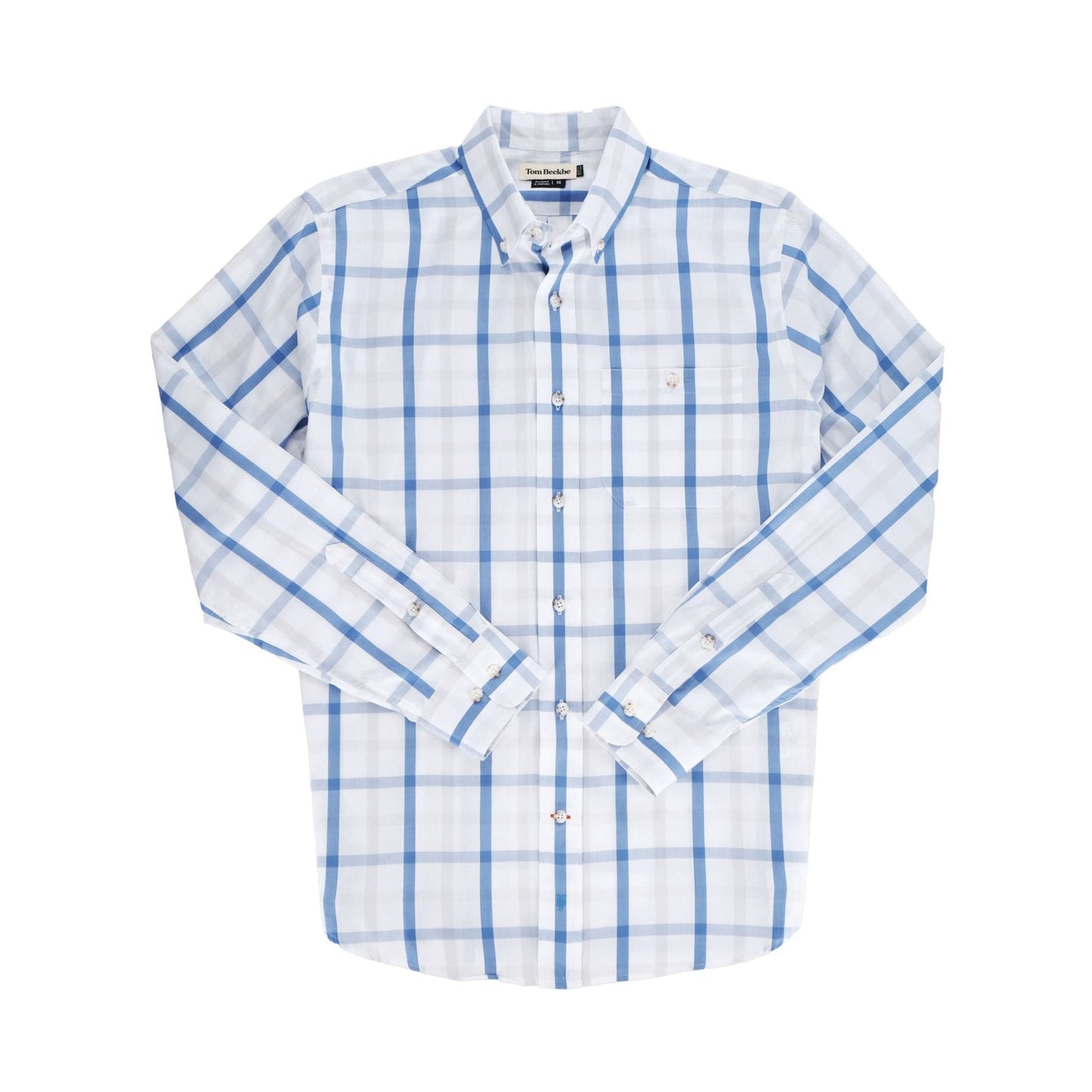 Monroe Poplin Shirt by Tom Beckbe: breathable cotton, blue/white plaid, long-sleeved button-down with chest pocket.