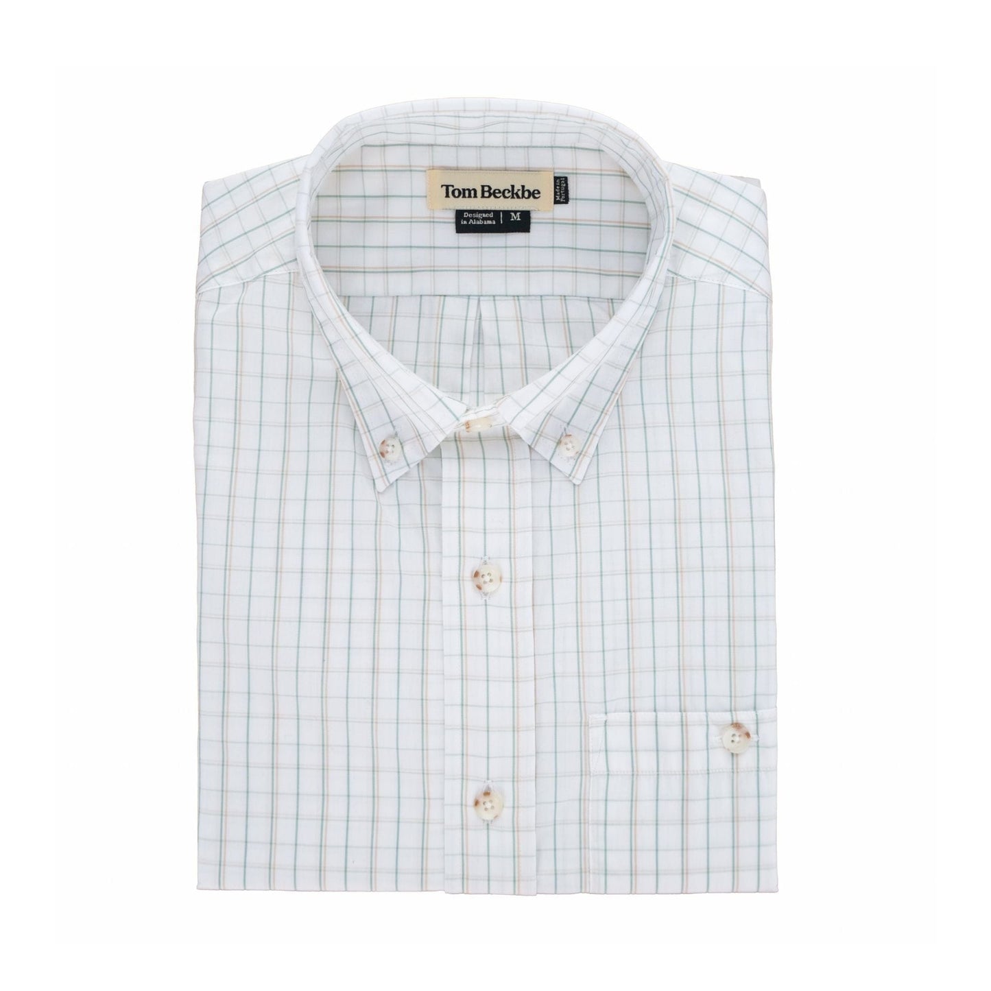 Monroe Poplin Shirt by Tom Beckbe: breathable cotton, light blue/green plaid, buttoned collar, chest pocket.