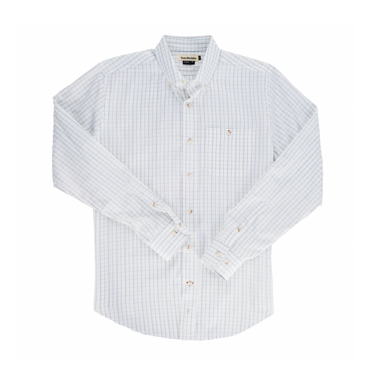 The Monroe Poplin Shirt by Tom Beckbe is a light plaid, long-sleeved cotton button-up shown on a white background.