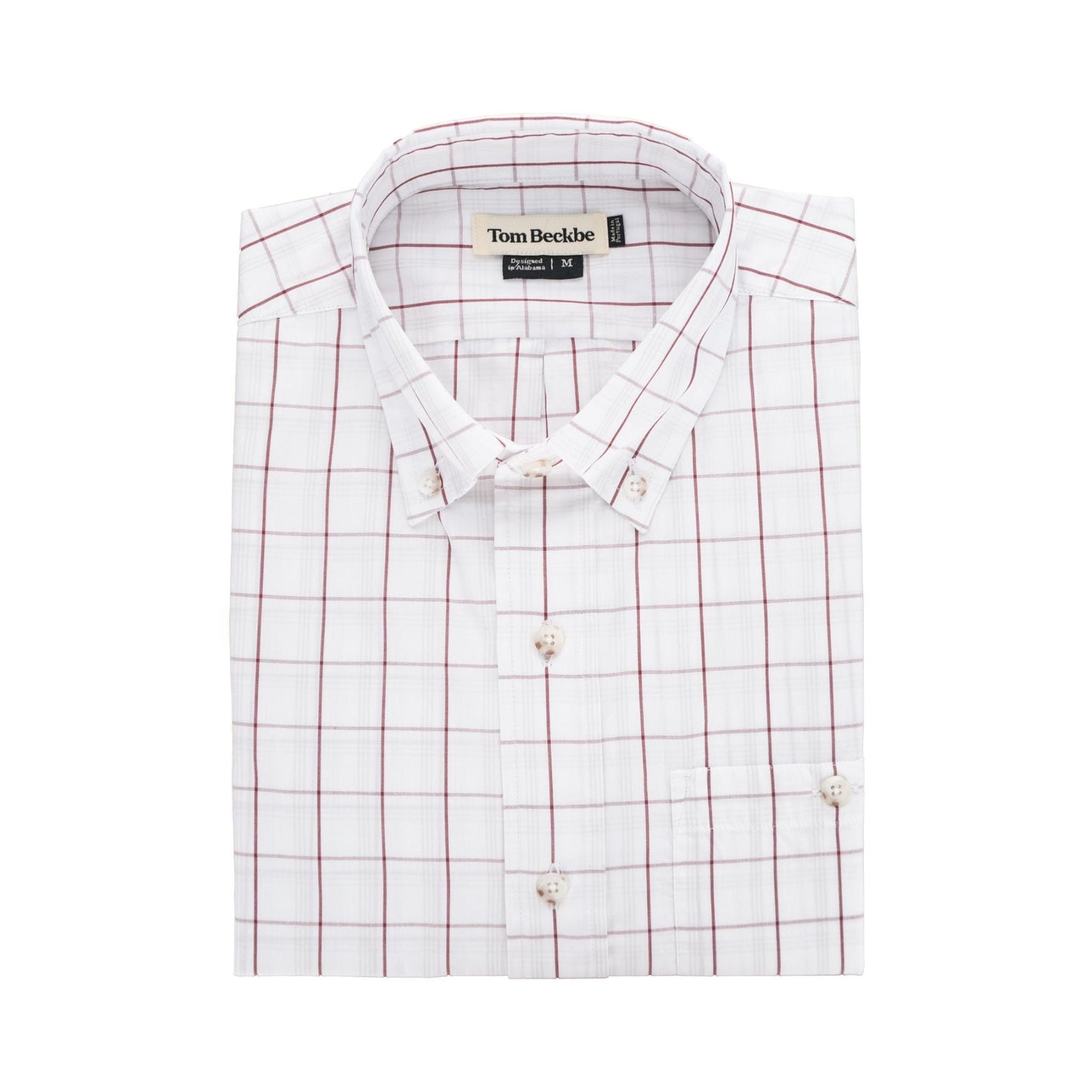 The Monroe Poplin Shirt by Tom Beckbe is a classic white button-down with a red and gray grid, made from breathable cotton poplin.