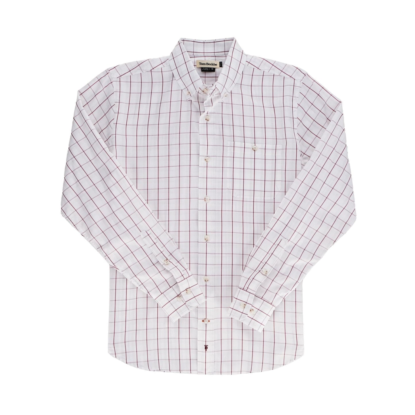 The Monroe Poplin Shirt by Tom Beckbe is a classic white button-up with red grid pattern and long sleeves in breathable cotton.