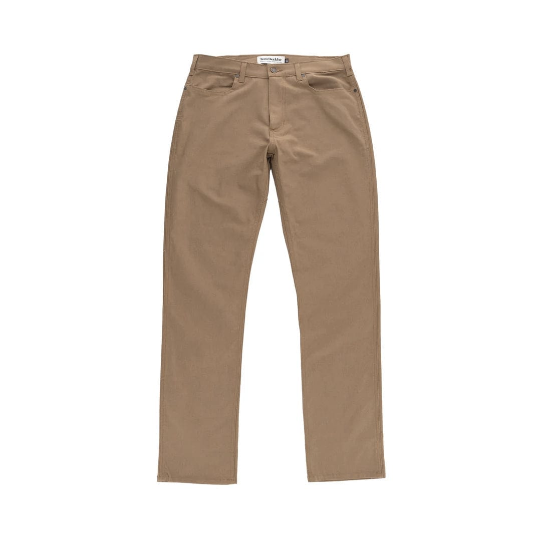 Tom Beckbes Redmont Pant: Khaki straight-leg with front pockets, belt loops, and durable cotton laid flat on white surface.