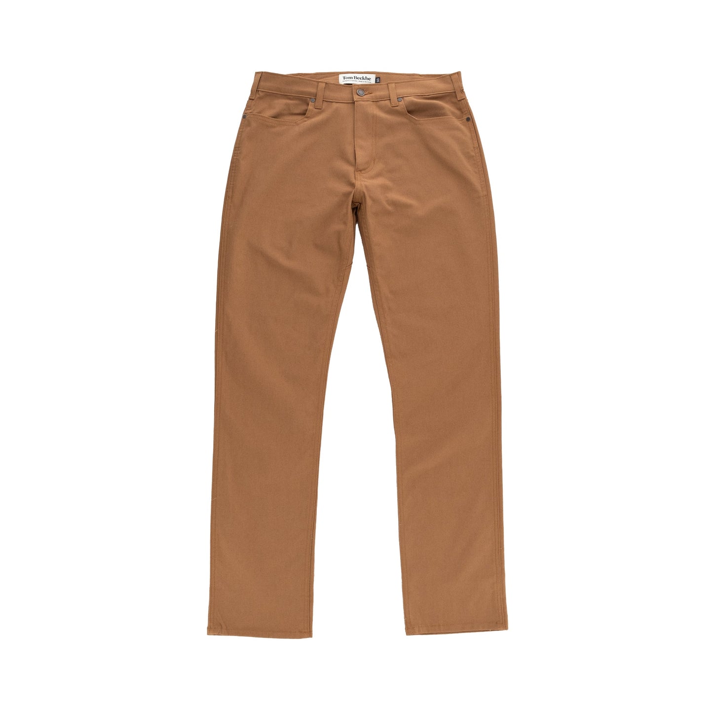 Tom Beckbe Redmont Pant: Mens durable cotton brown pants with straight leg, front pockets, and visible waistband label.