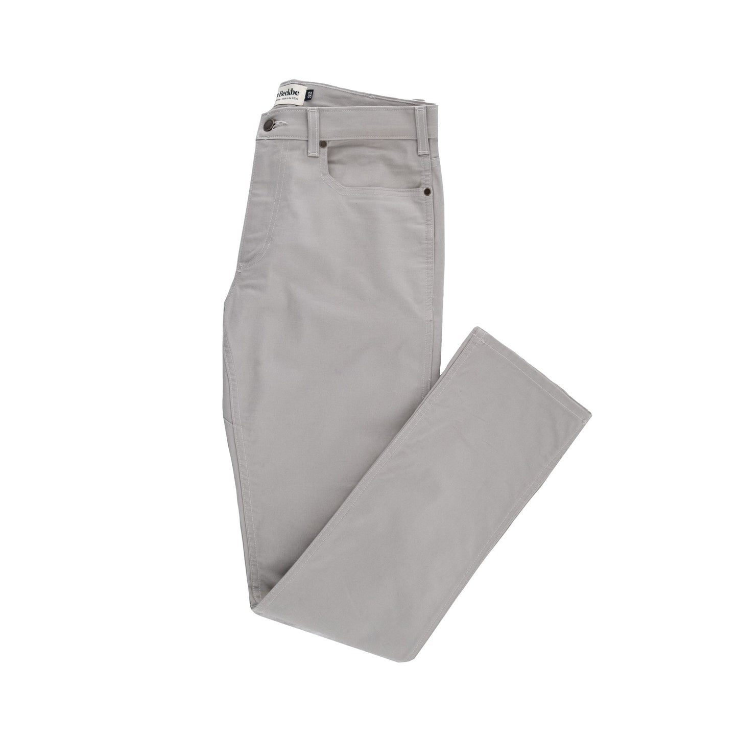 Tom Beckbes Redmont Pant in light gray cotton, with front pockets and zip fly, is shown on a white background.