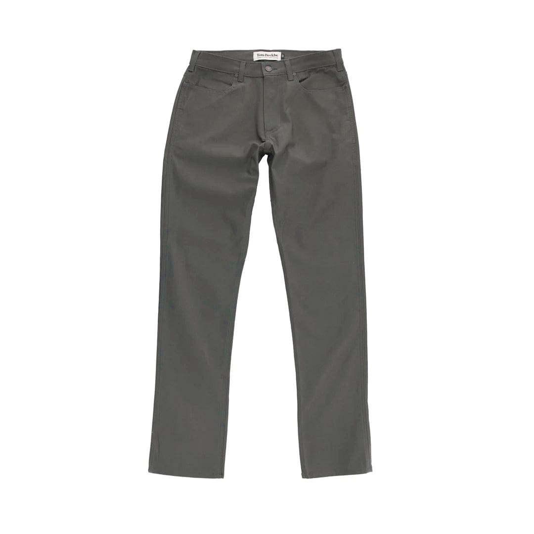 The Tom Beckbe Redmont Pant in gray-green, crafted from durable cotton for men, has five pockets and belt loops.