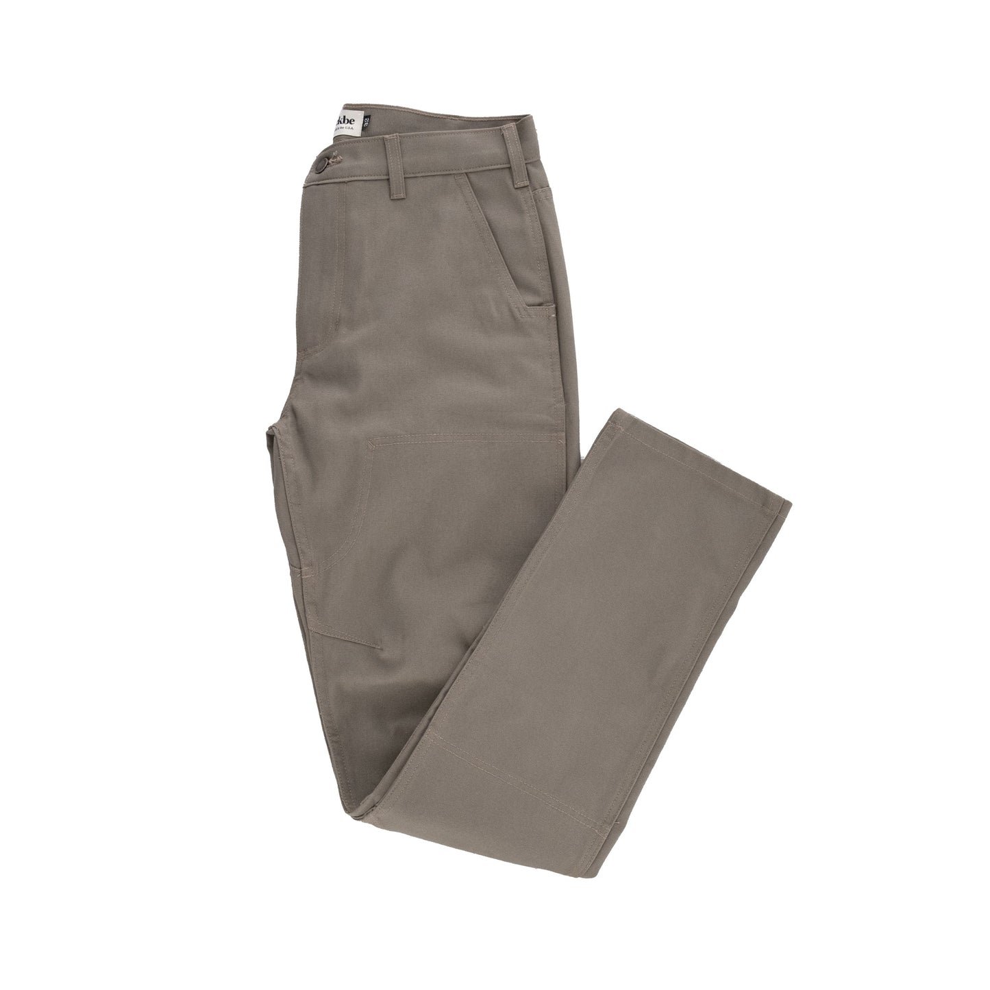 A durable pair of khaki Rutledge Double-Front Pants by Tom Beckbe, folded with belt loops and brand tag visible.