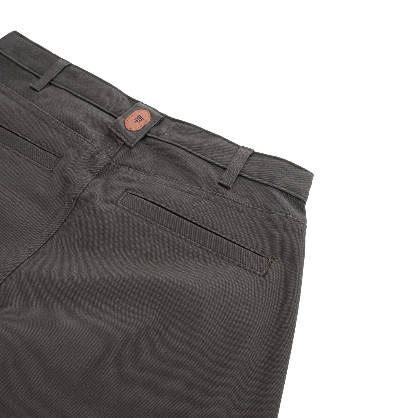 Rutledge Double-Front Pant by Tom Beckbe: classic fit, dark gray, two back pockets, belt loops, leather logo patch.