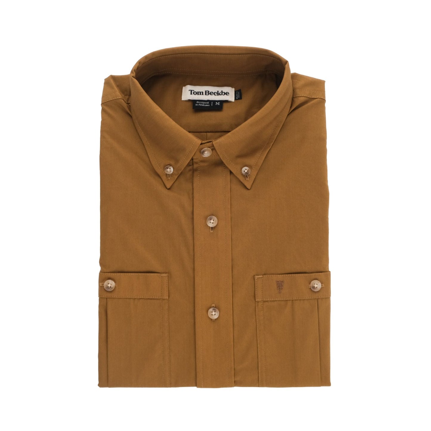 Brown Tidewater long sleeve fishing shirt by Tom Beckbe, with buttoned pockets, collar, and an internal label.