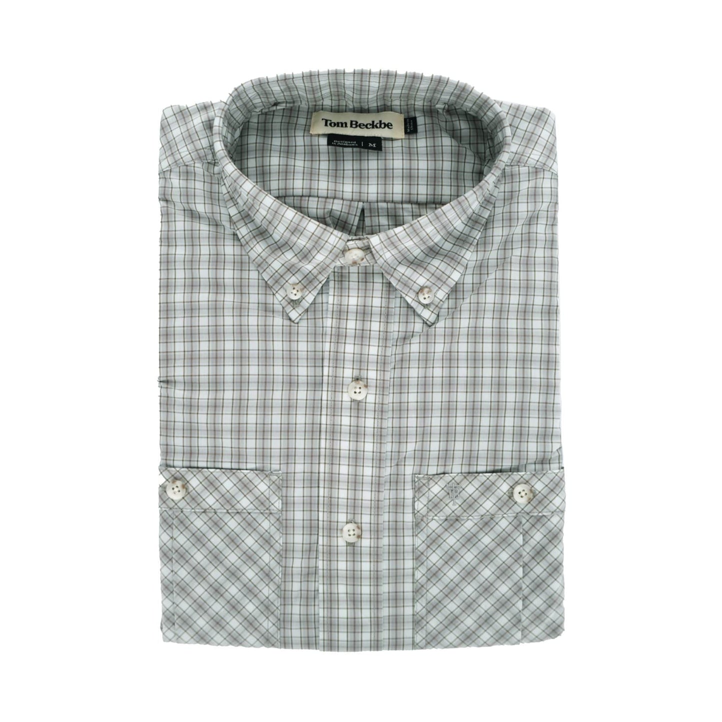 Tom Beckbes Tidewater Shirt: a long sleeve fishing shirt with button-down collar in beige, blue, and white plaid.