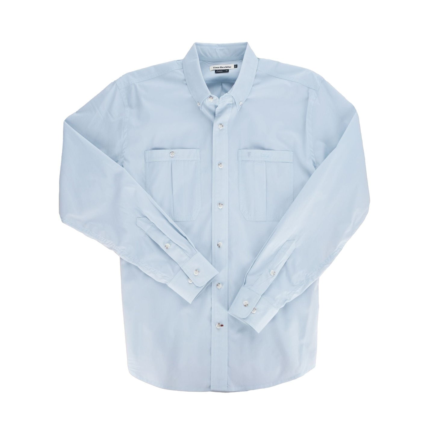 The Tidewater Shirt by Tom Beckbe is a light blue long-sleeve button-up with two chest pockets and UPF 30+ protection.