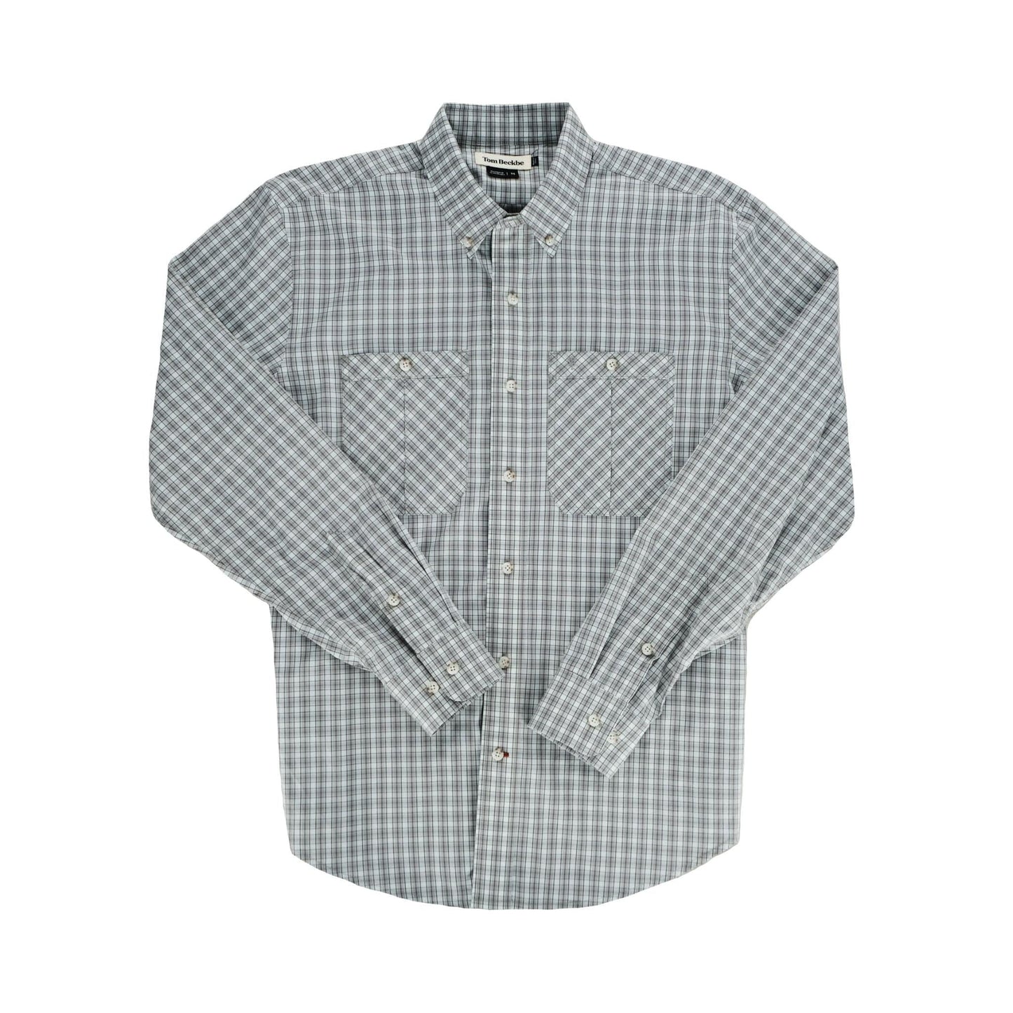 Tom Beckbes Tidewater Shirt: Gray plaid, lightweight, UPF 30+, long sleeves, two chest pockets on a white backdrop.