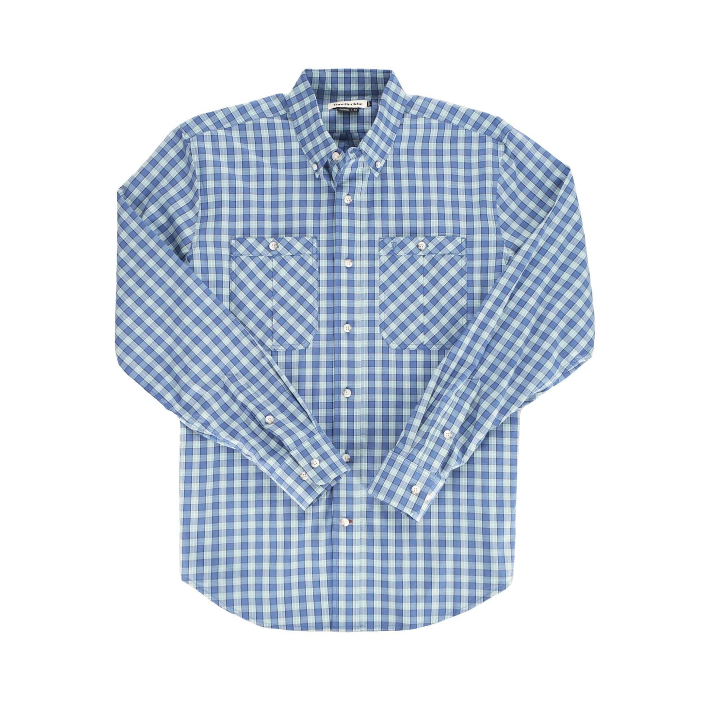 The Tidewater Shirt by Tom Beckbe: blue/white check, front pockets, buttoned cuffs/collar—ideal for sunny adventures.