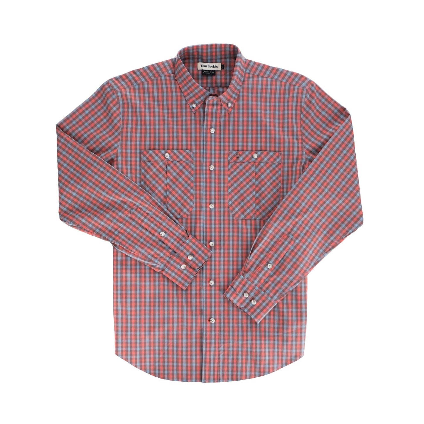 Tom Beckbes Tidewater Shirt in red and blue plaid, features UPF 30+, two chest pockets, and a collar, laid flat.