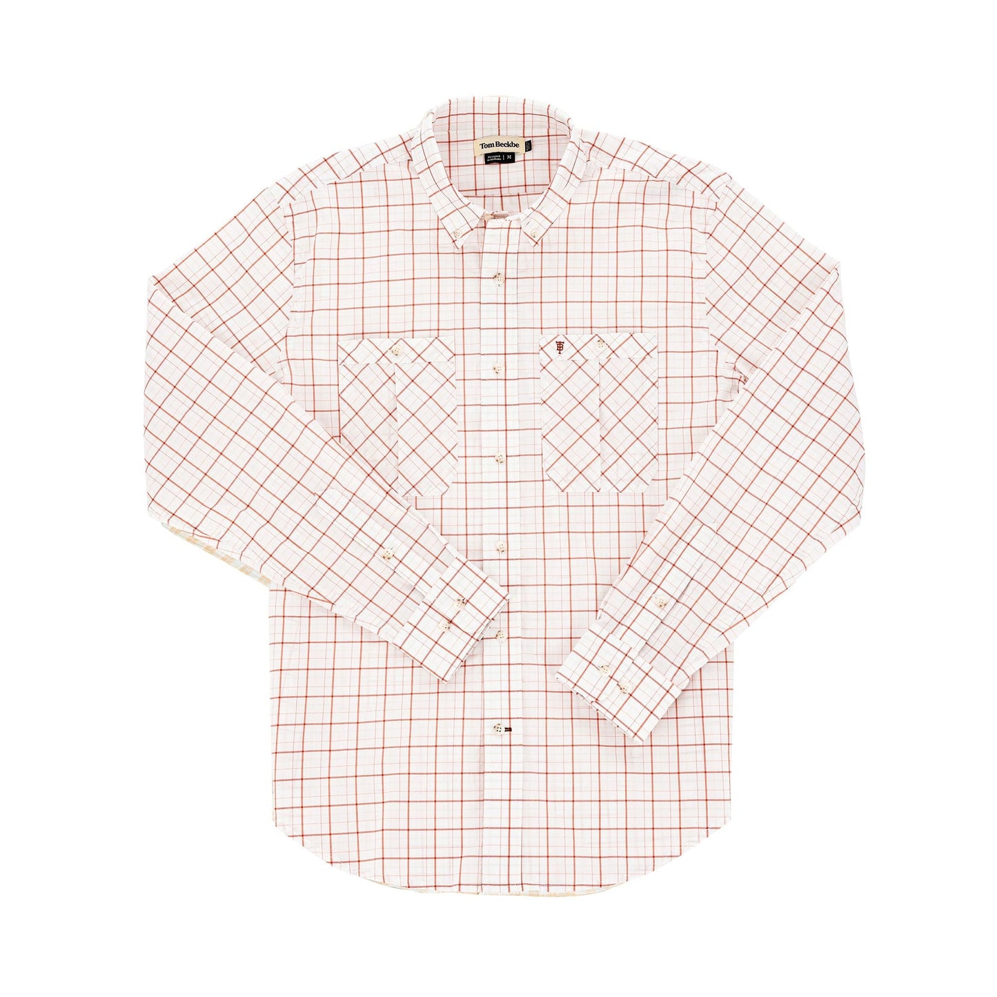 A Tom Beckbe Tidewater Shirt, long sleeve in white/red grid, collar, UPF 30+, two chest pockets.