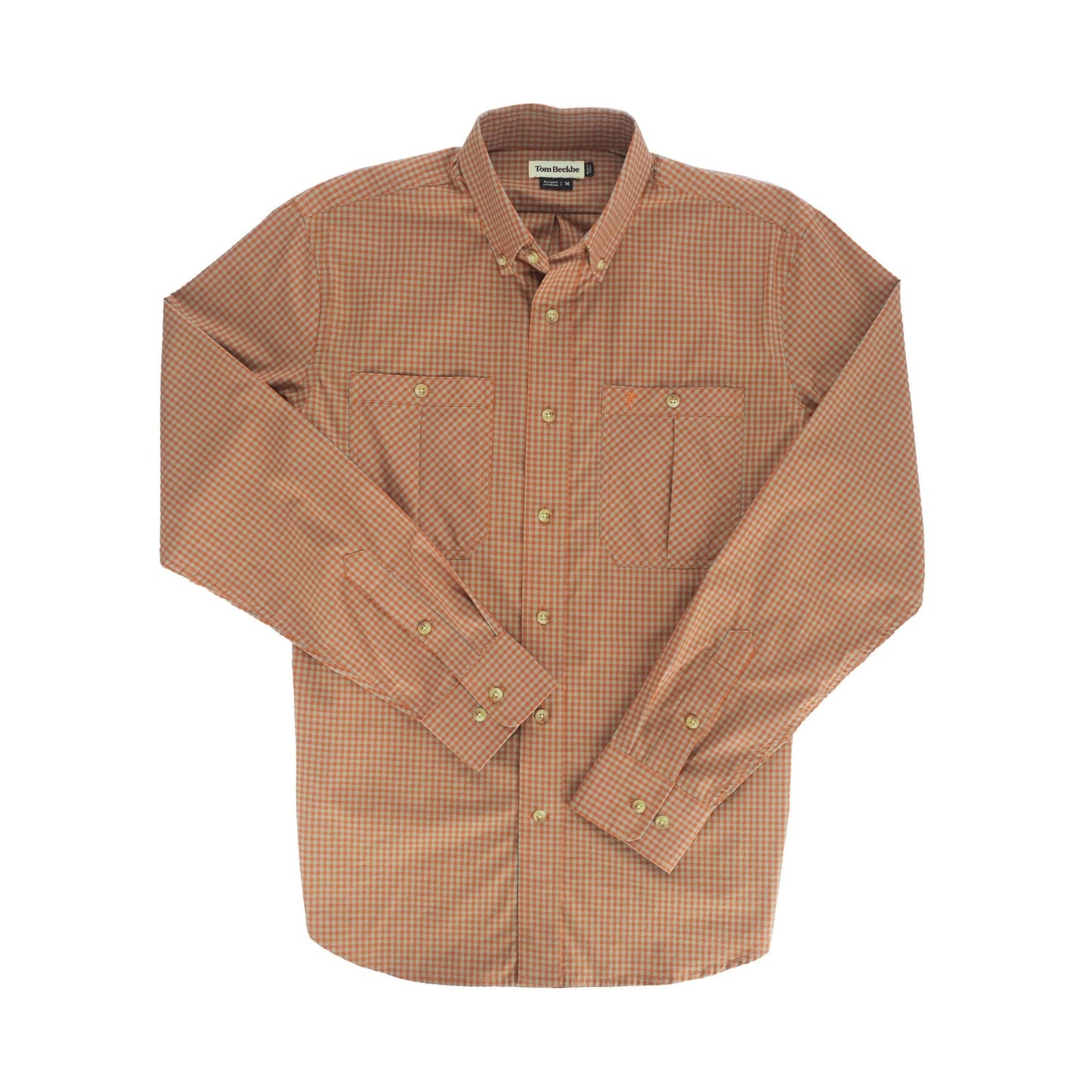 A Tom Beckbe Tidewater Shirt with small brown checks, UPF 30+ coverage, and two chest pockets.