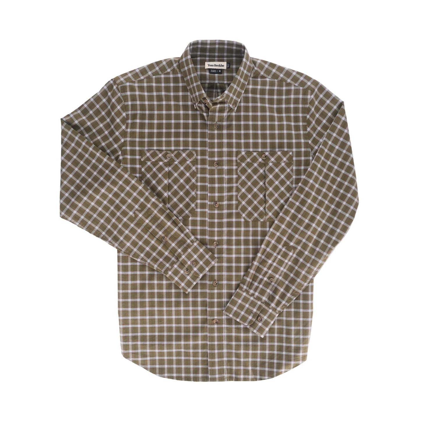 Tom Beckbe Tidewater Shirt: Brown/white plaid, long-sleeve, UPF 30+, chest pockets, on a white background.
