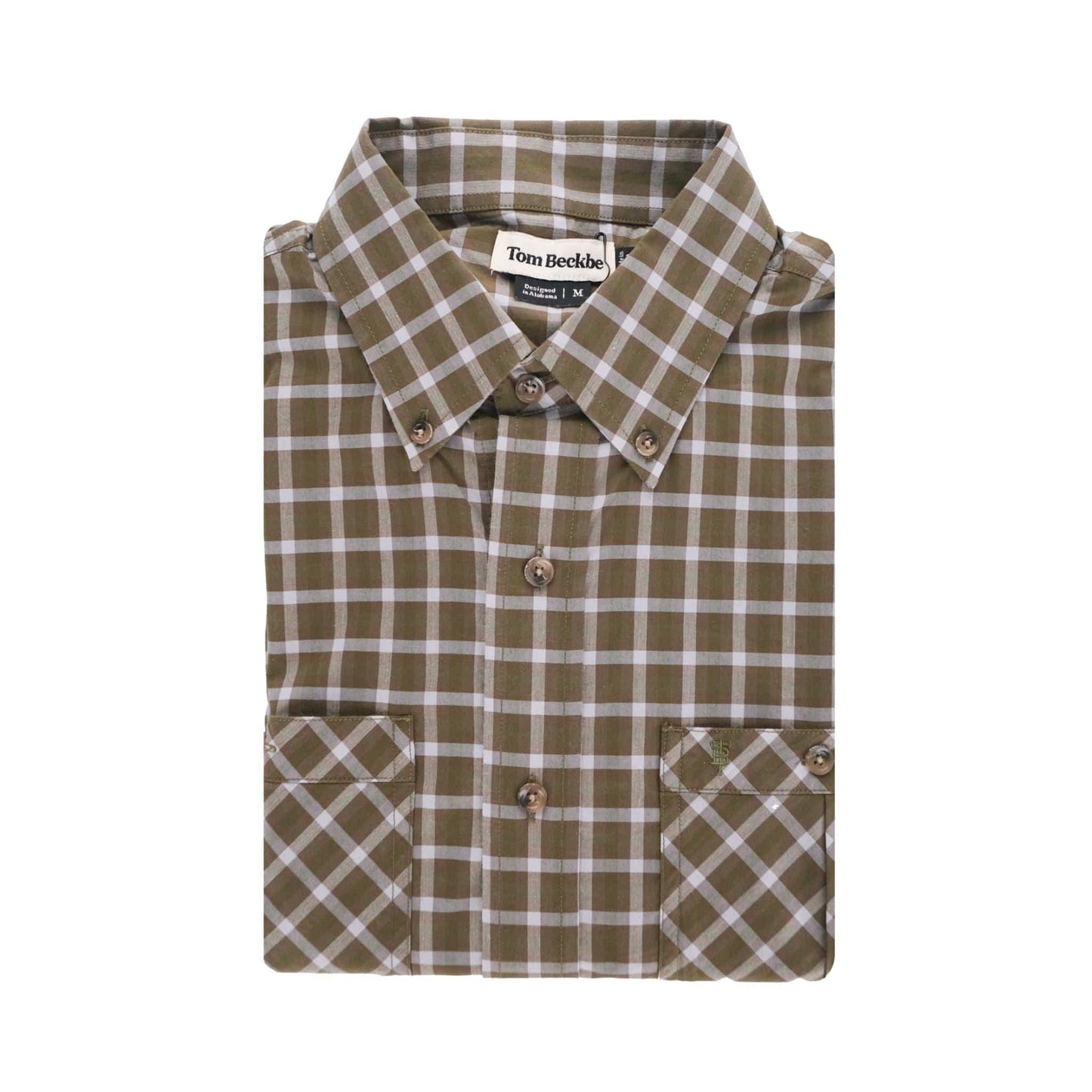 Folded Tom Beckbe Tidewater Shirt in green/white plaid with pockets, collar, and UPF 30+.