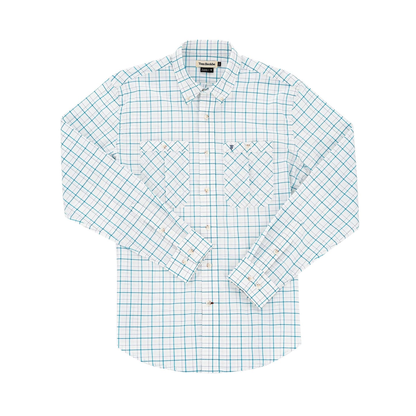 Tom Beckbes Tidewater Shirt: Blue/white checkered, long-sleeve, button-up with UPF 30+ and two chest pockets.