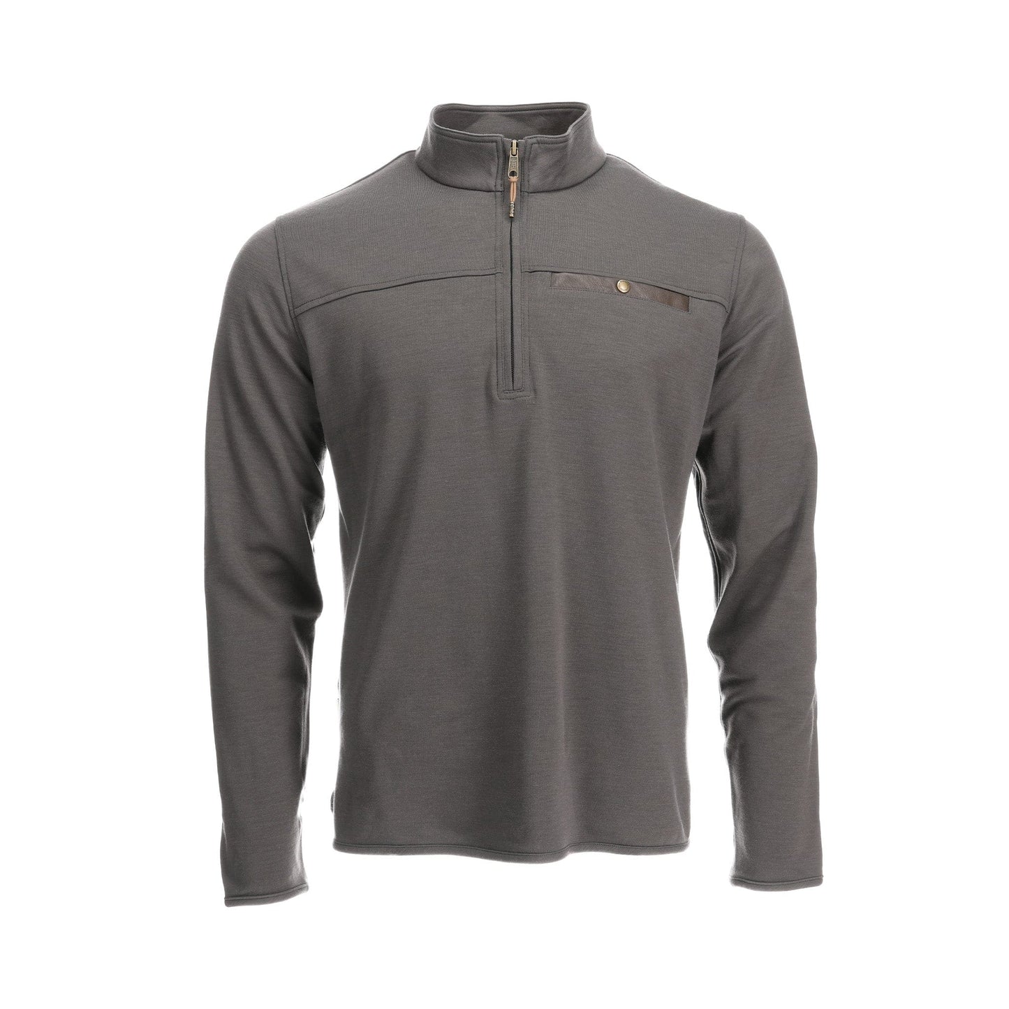 Tom Beckbes Tucker Fleece Quarter Zip: A gray mens quarter-zip with a chest pocket, button detail, and thermal insulation.
