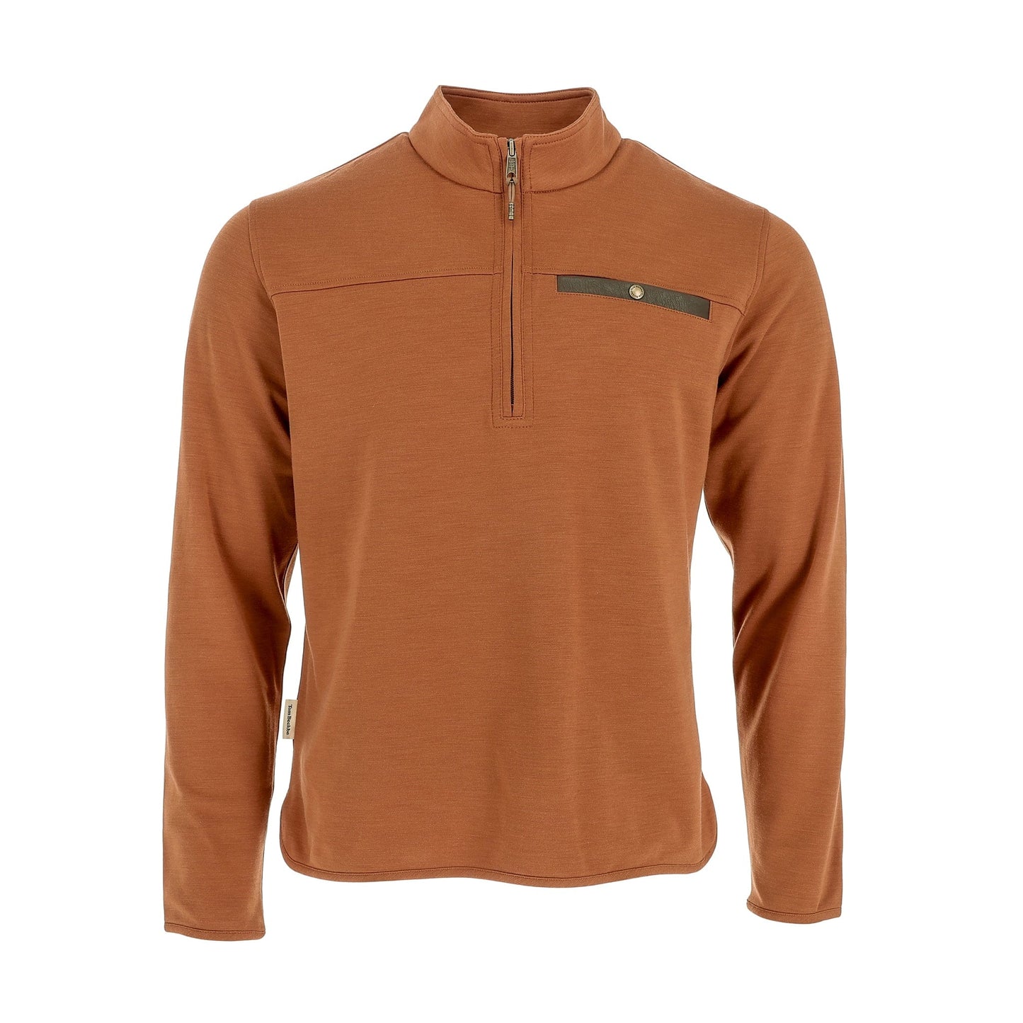 Tom Beckbe Tucker Fleece Quarter Zip in clay with long sleeves, chest pocket, and small button detail.
