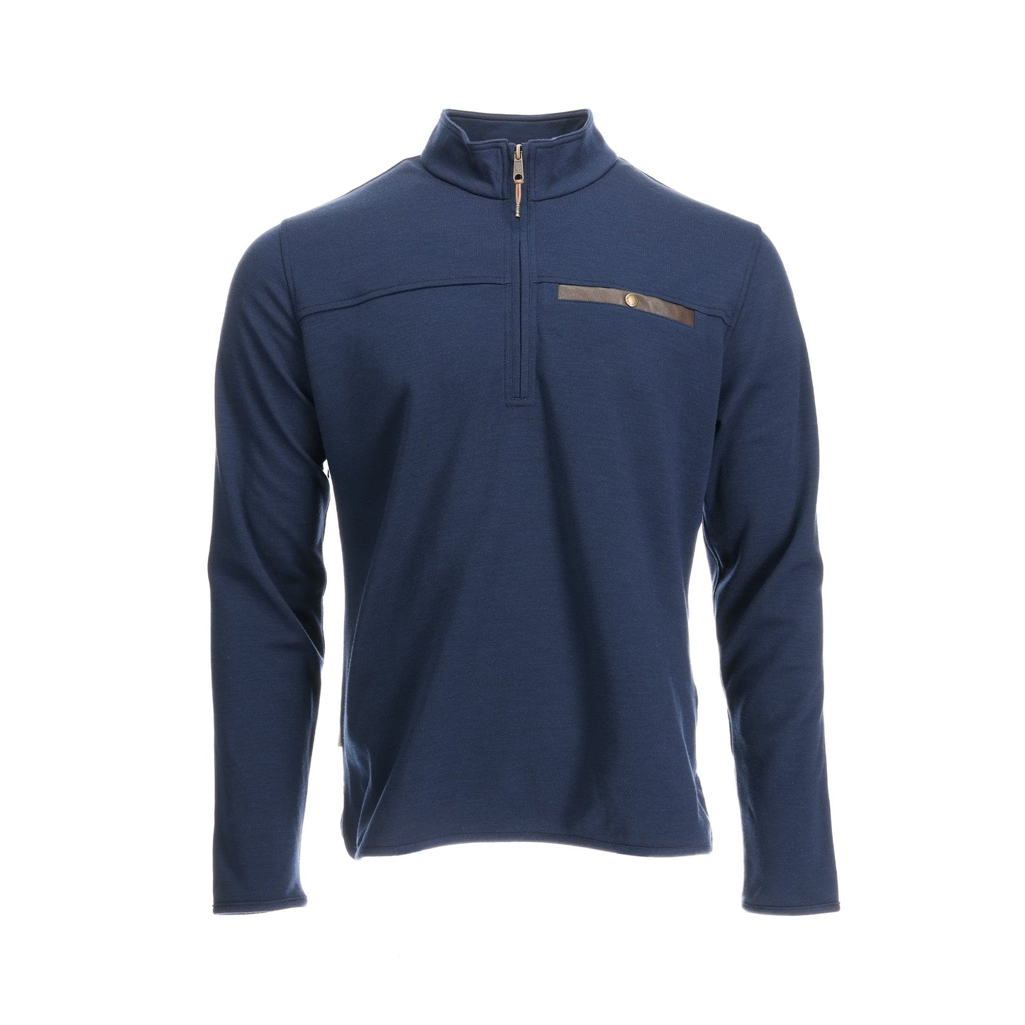 Tom Beckbes Tucker Fleece Quarter Zip: Mens navy pullover with chest pocket, thermal insulation, zipper on white background.