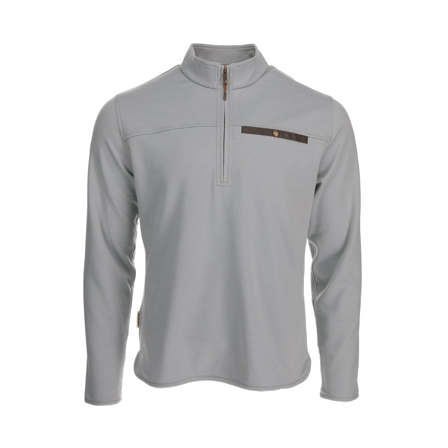 Light gray Tom Beckbe Tucker Fleece Quarter Zip pullover with high collar, front zipper, and black zip chest pocket.
