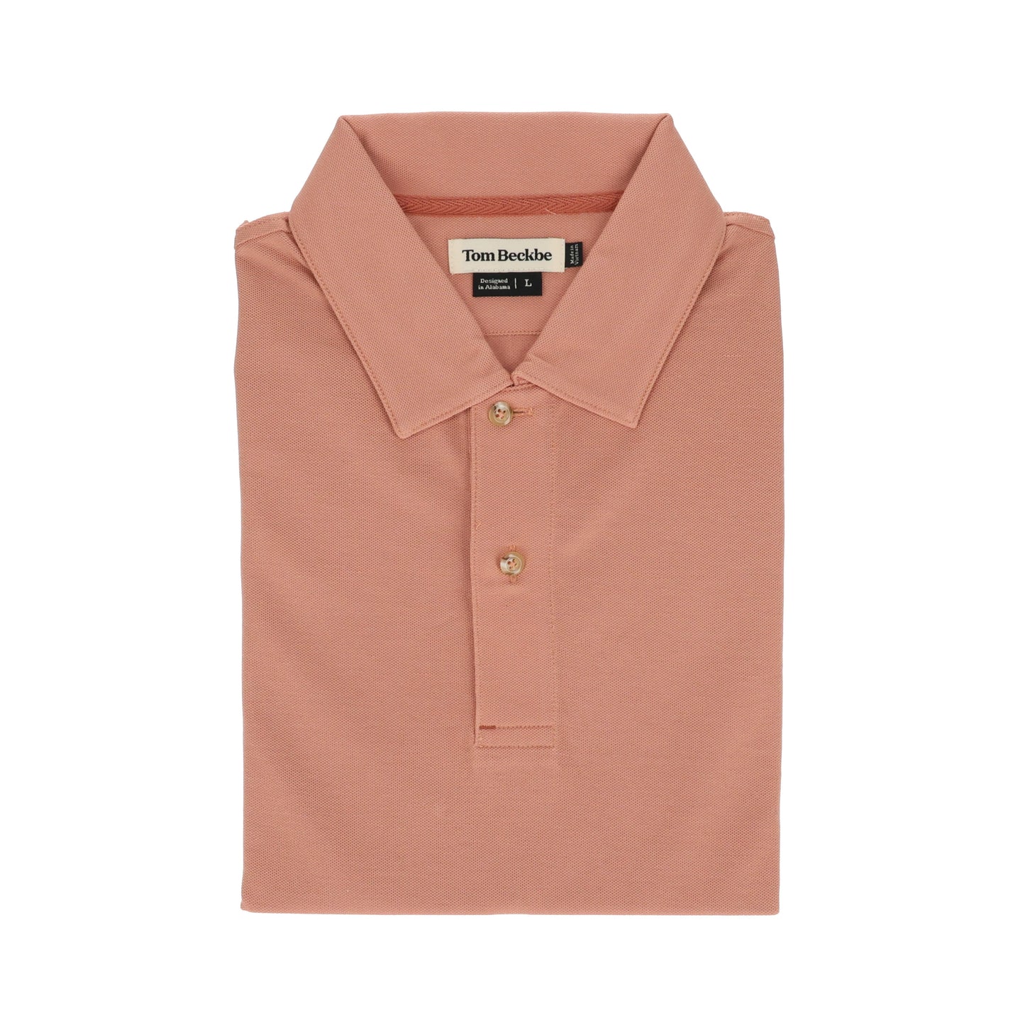 A folded Tom Beckbe Coastal Polo Shirt in peach, featuring a collar, three buttons, and moisture-wicking fabric.