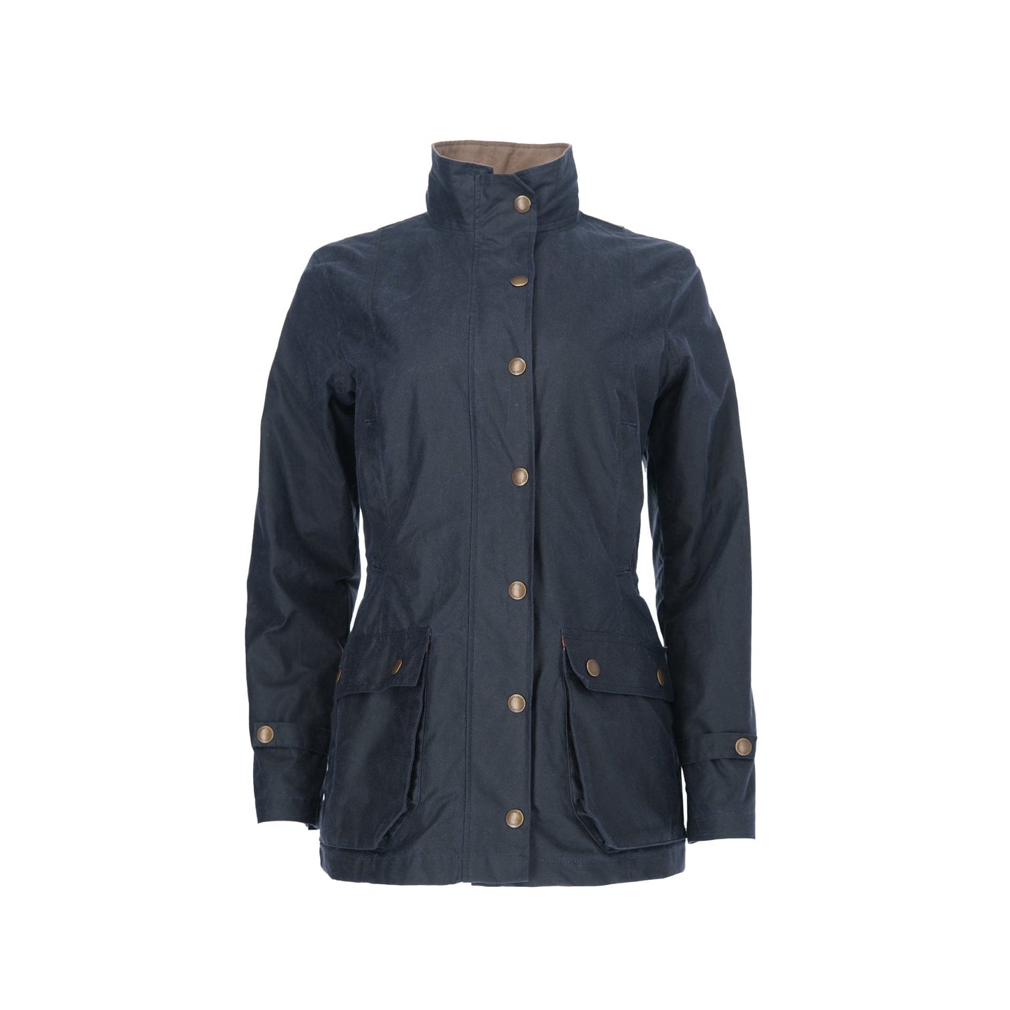The Womens Blakeley Jacket by Tom Beckbe, crafted from weatherproof cotton with a high collar, features long sleeves, front button closure, two large flap pockets, and offers a smooth texture with a tailored fit to effortlessly enhance the feminine silhouette.