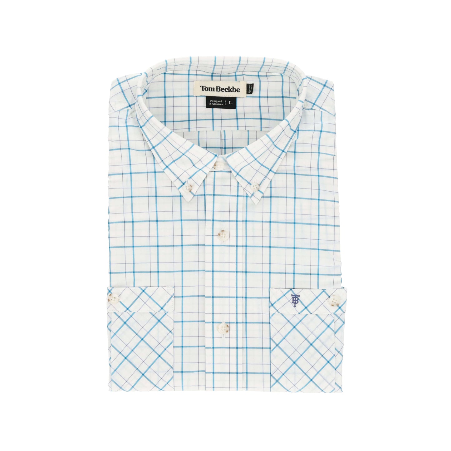 Folded Tidewater Shirt, long sleeve, blue grid, with a pocket and Tom Beckbe label on the collar tag.