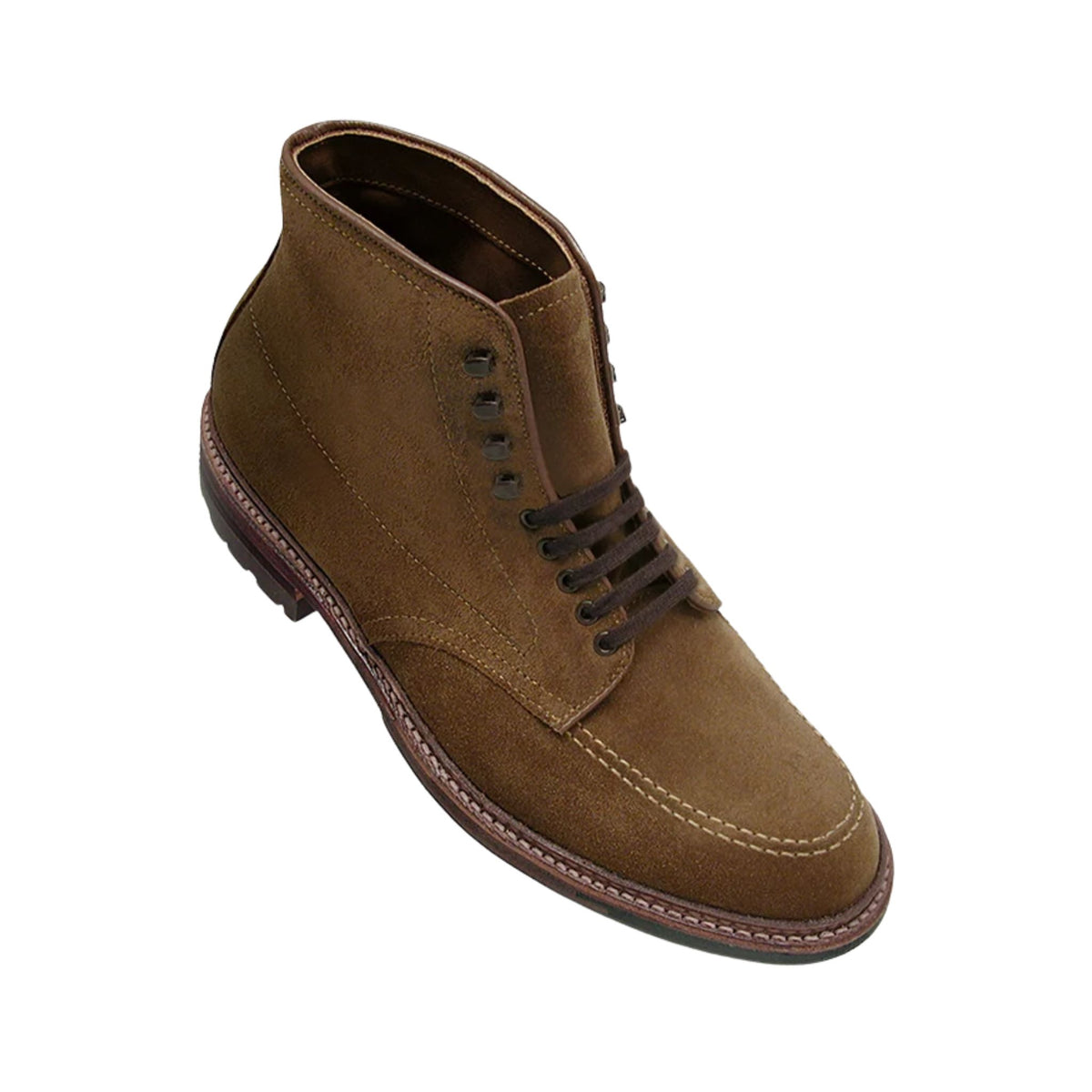 Tom Beckbe Alden #4011HC brown suede moc toe boot with stitching, Goodyear welt, and thick sole on white background.