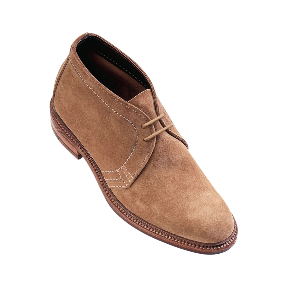 Alden #1494 Unlined Chukka Boot by Tom Beckbe in tan suede with Goodyear welt, 2 eyelets, and white stitching.