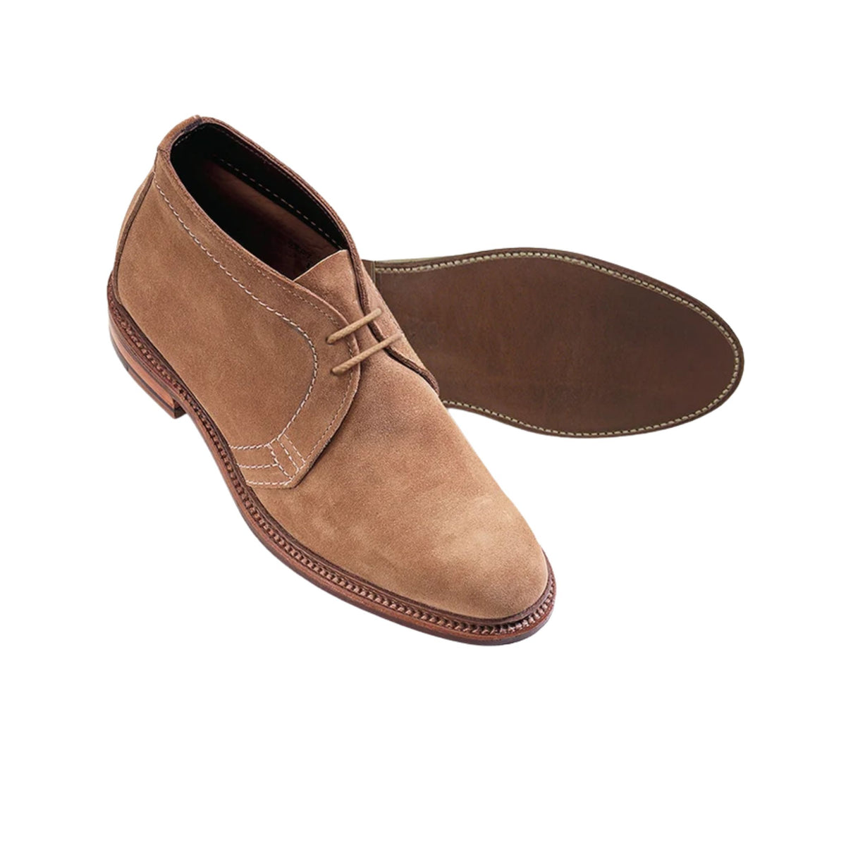 Tom Beckbe Alden #1494 Unlined Chukka Boot in brown suede with visible stitching and Goodyear welt construction.