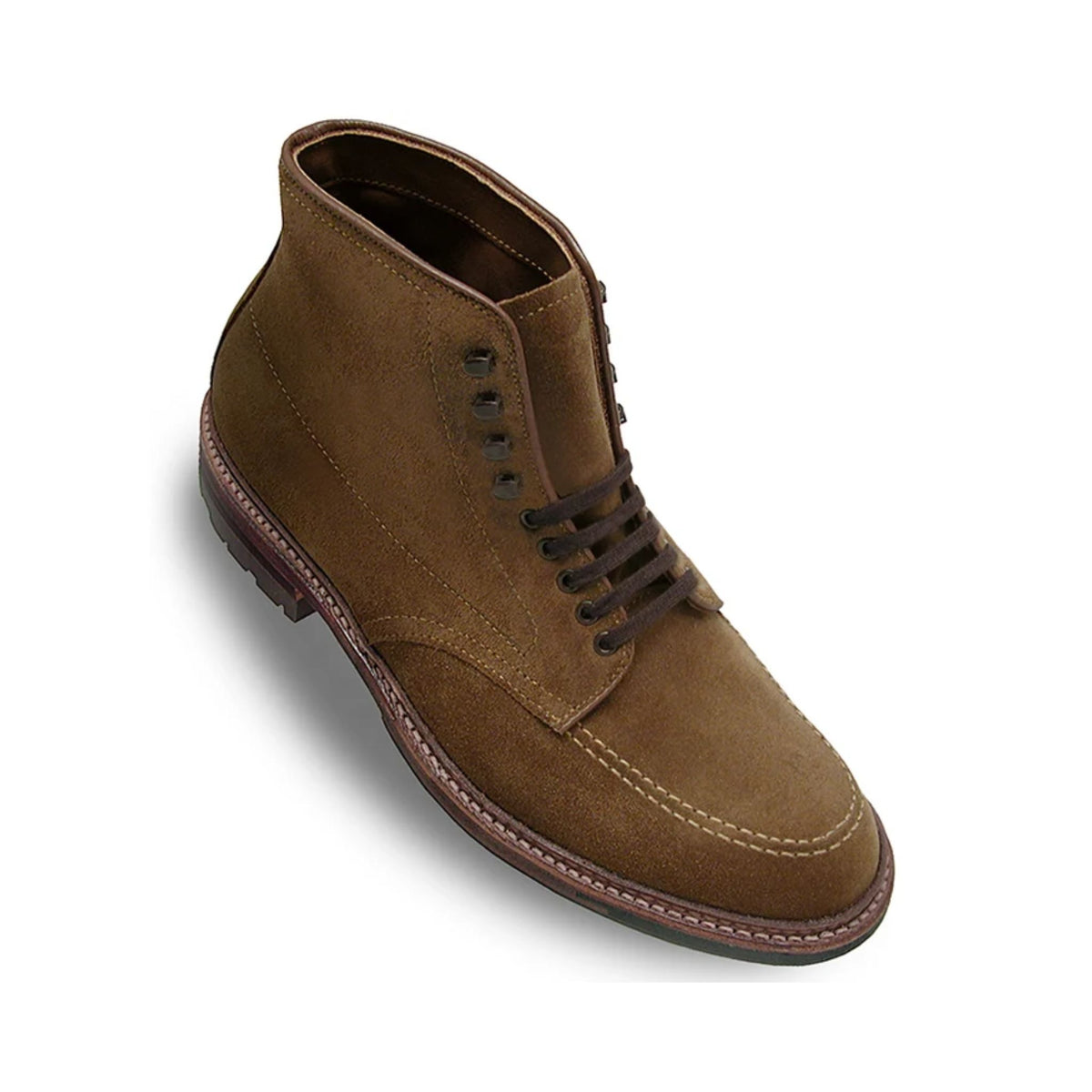 Alden #4011HC Moc Toe Boot by Tom Beckbe: brown suede, lace-up, dark sole—classic American style, top-down view.